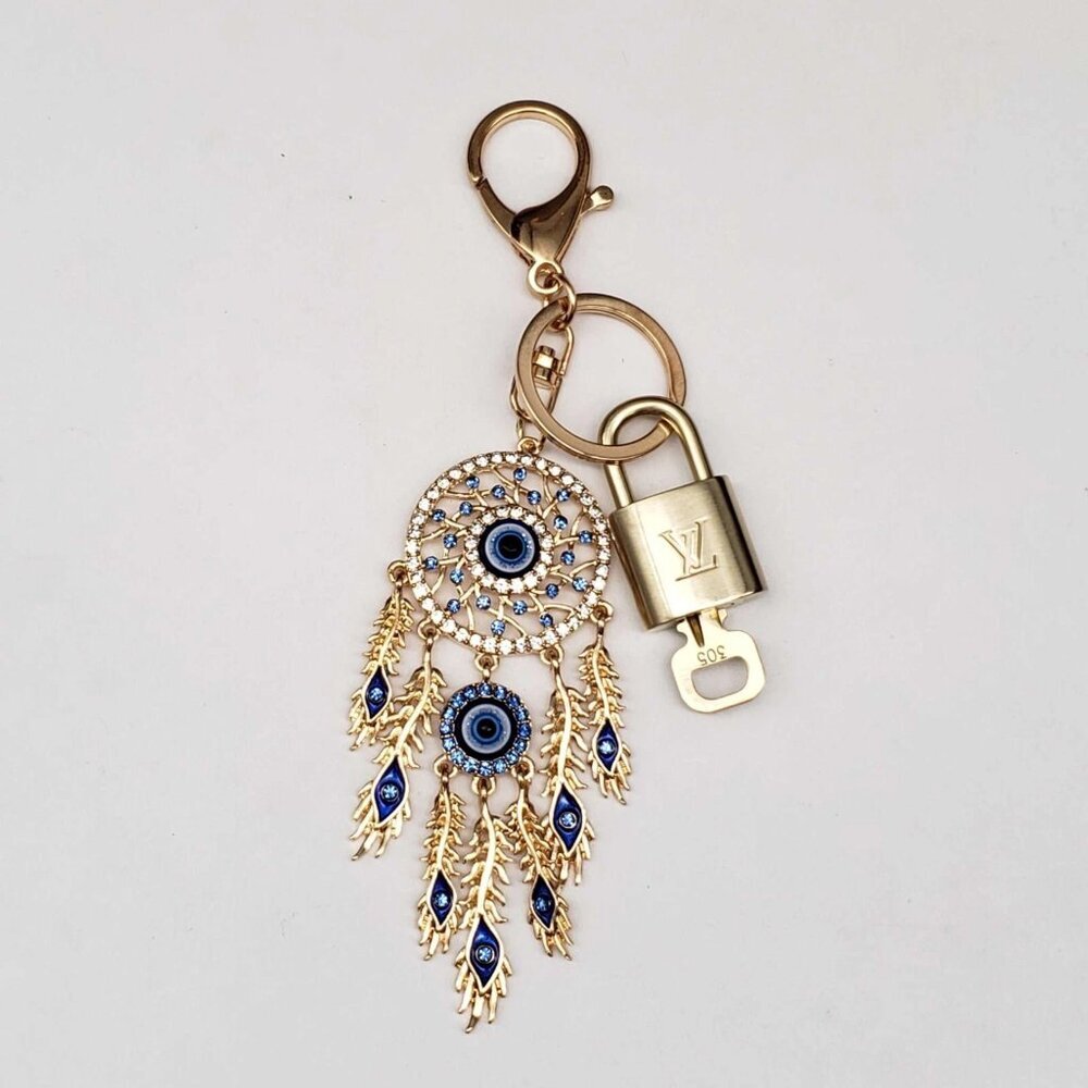 Authentic Louis Vuitton Gold Padlock & Key 🔒 Unbranded Evil Eye Charm Keychain